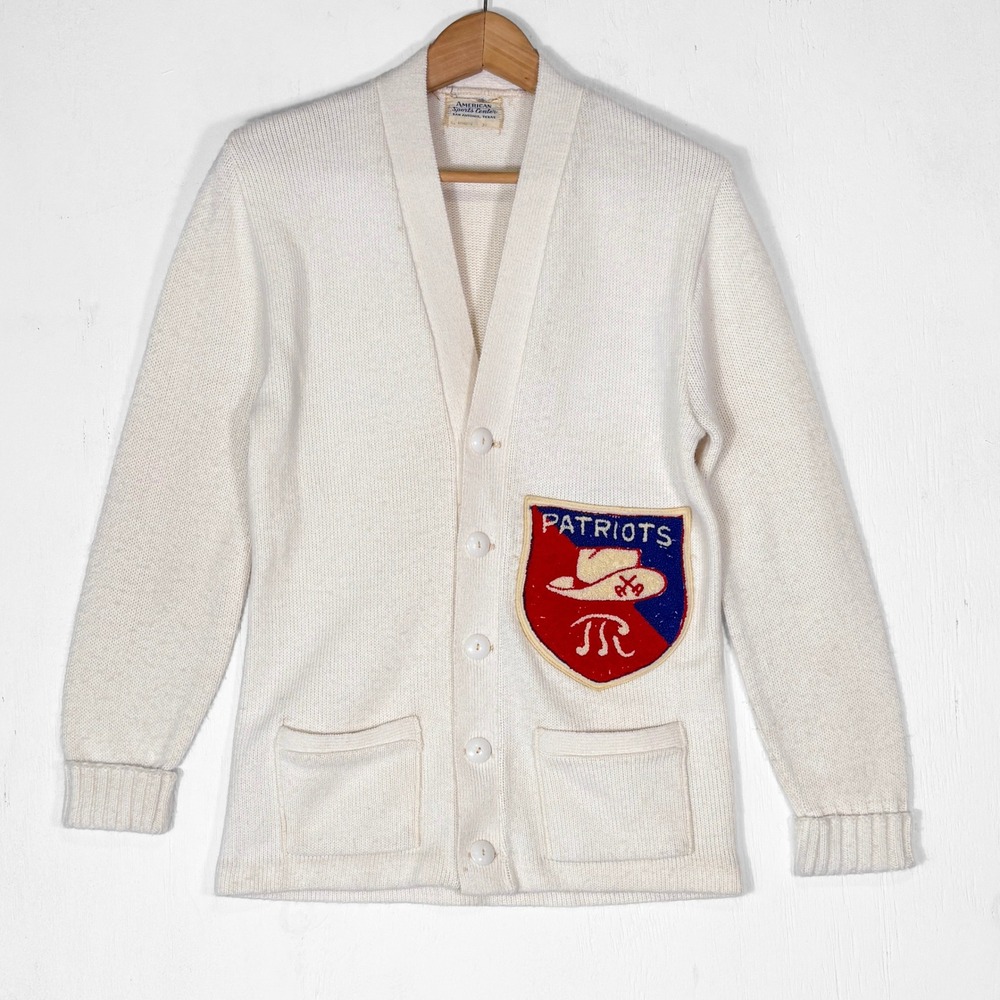 VTG 60s 70s Patriots Patch Varsity Cardigan Cream White Womens S Cowgirl Western